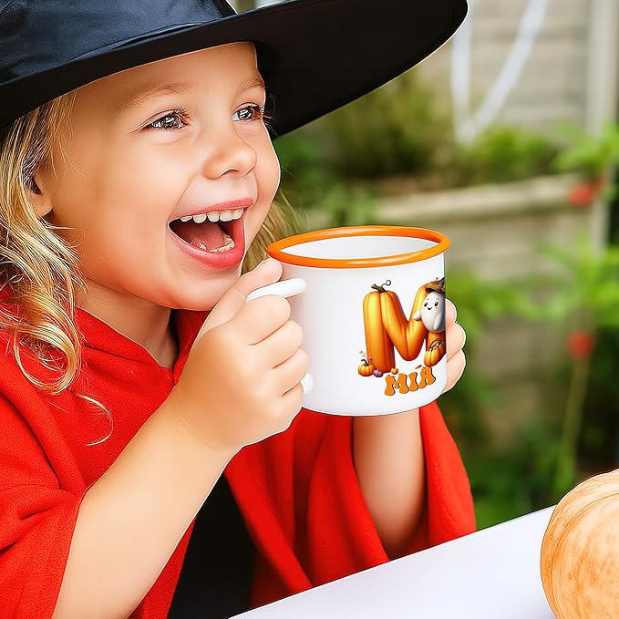 Personalized Halloween Enamel Mug with Ghost Pumpkin Initial, 12oz Custom Name on Ghost Coffee Mugs, Halloween Party Gift for Family