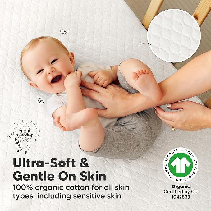 Waterproof Crib Mattress Protector Cover Fitted - 2-Pack Quiet Baby Crib Mattress Pad Sheets, 52" x 28" Soft Quilted Cotton Baby Sheet, Machine Washable, Easy Fit, Durable(Soft White/Mavy)