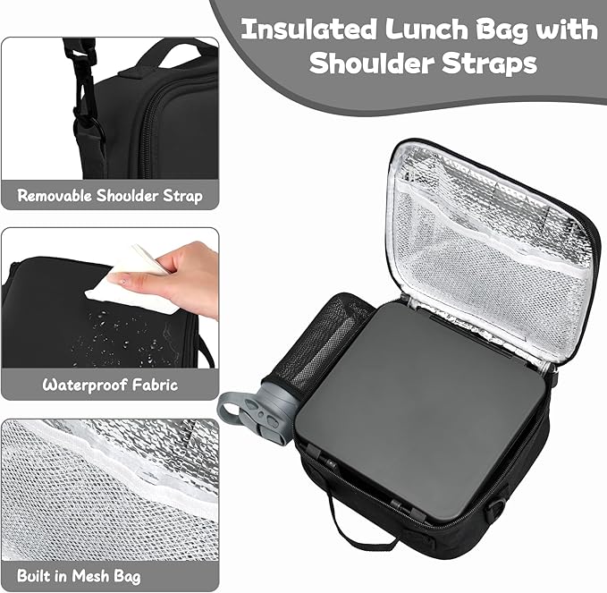 Kids Bento Lunch Box with 8oz Soup Thermo, Water Bottle, Kids Leakproof Lunch Food Containers with 4 Compartment, Insulated Hot Food Jar with Lunch Bag for School, Trvael (Black)