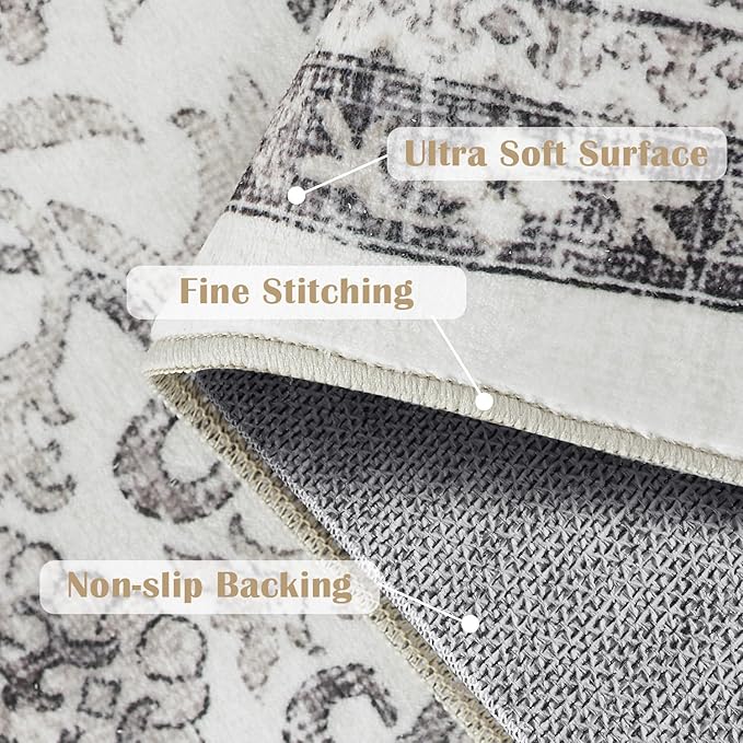 jinchan Hallway Runner Rug 3x8 - Machine Washable Beige Vintage Floral Distressed Design Soft Non-Slip Low-Pile Ultra-Thin Runner Rug for Kitchen Laundry Room Bedroom Farmhouse (3‘x8',Beige)