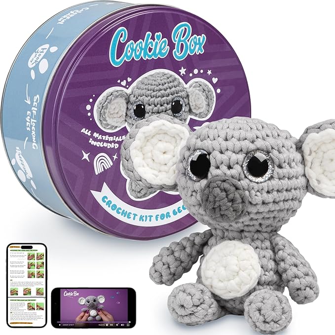 Cookie Box Crochet Kit for Beginners - Learn to Craft Amigurumi Stuffed Animals - Knitting Gift for Kids and Adults - Beginner-Friendly Yarn - Stitch-by-Stitch Video Tutorial - Koala Coal