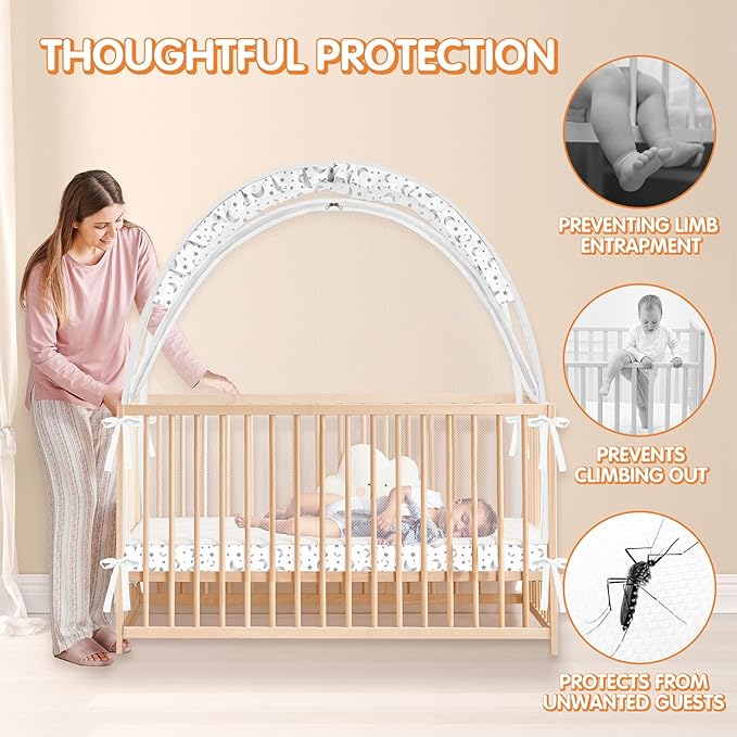 Crib Tent to Keep Baby from Climbing Out - Crib Net to Keep Baby in - Pop Up Breathable Cribs Cover - Canopy with Upgrade Strong Mesh and Durable Zipper (White-Star and Moon, Lager)