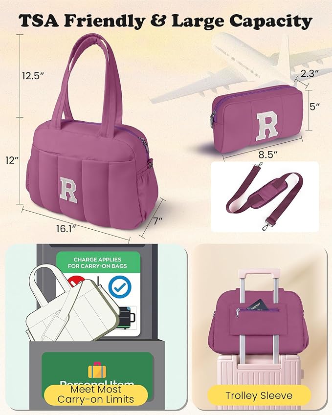 Duffle Bag with Initial, Spend The Night Bags for Women，Overnight Bag with Wet Pocket，Gifts for Friends-Lightweight Travel Bags Personalized Gym Tote with Makeup Pouch