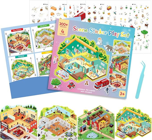 3D Sticker Scene Play Set – 4 Scenes with 300+ Stickers, Reusable Sticker Book, Waterproof Stickers for Kids & Adults