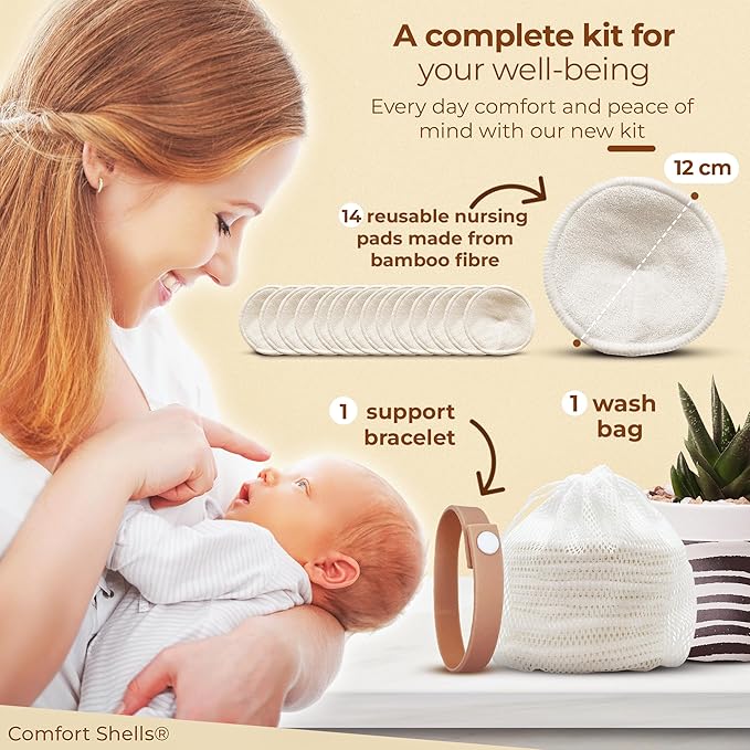 Comfort Shells® Reusable Nursing Pads – 14 Pack Ultra Soft Breast Pads + Laundry Bag + Nursing Clip Bracelet – Washable, Hypoallergenic – Absorbs Breast Milk Leaks