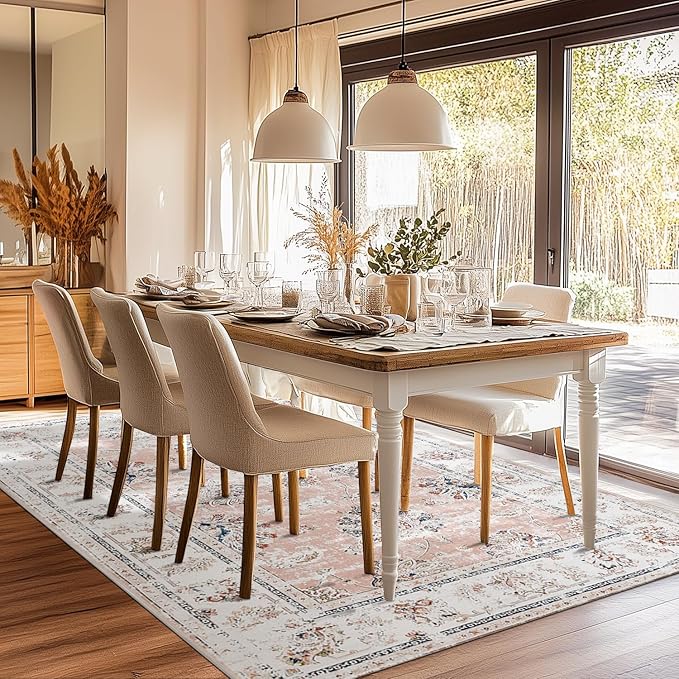 jinchan Vintage Floral 5x7 Area Rugs for Bedroom - Machine Washable Distressed Design Stain Resistant Boho Carpet Ultra-Thin Low Pile Non-Slip for Living Room Dining Room Kitchen (5‘x7',Pink)