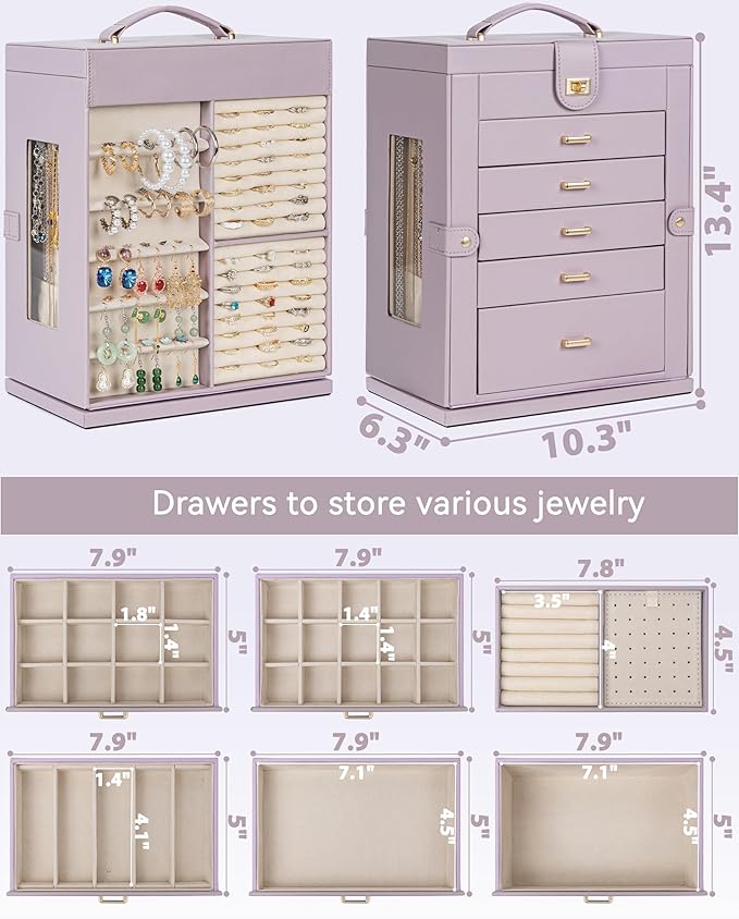 AKOZLIN 360° Rotating Jewelry Box 6-Tier Organizer Functional Jewelry Storage Case for Women Girls Ring Necklace Earring Bracelet Holder with Mirror Purple