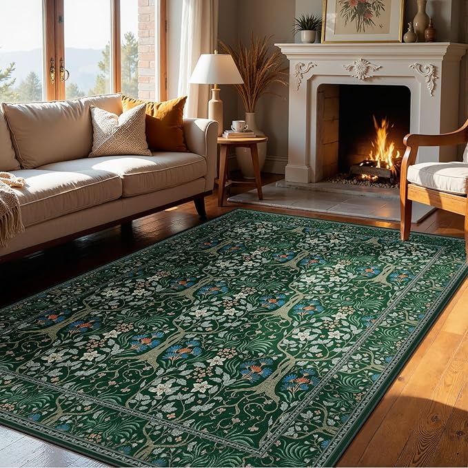 Joydeco Floral 5x7 Area Rugs for Living Room, Boho Dark Green Washable Rug Non Slip, Soft Low-Pile Botanical Forest Indoor Floor Throw Carpet for Office Dining Table Playroom Dorm