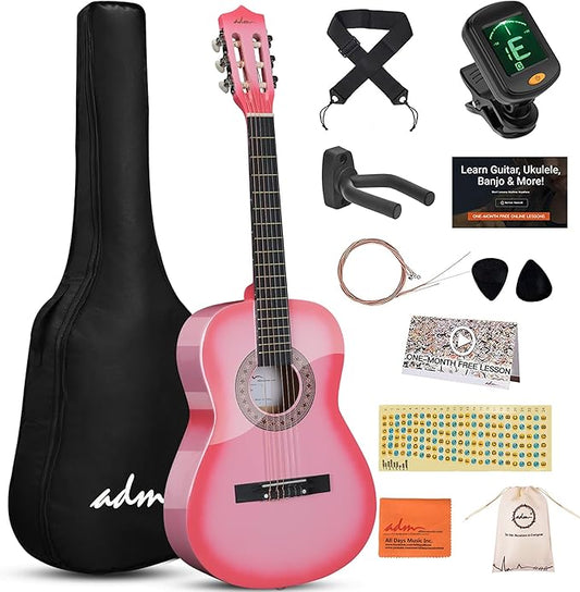 ADM Beginner Acoustic Classical Guitar 36 Inch Nylon Strings Wooden Guitar Bundle Kit for Kid Boy Girl Student Youth Guitarra Online Lessons with Gig Bag, Strap, Tuner, Strings, Picks, Pink