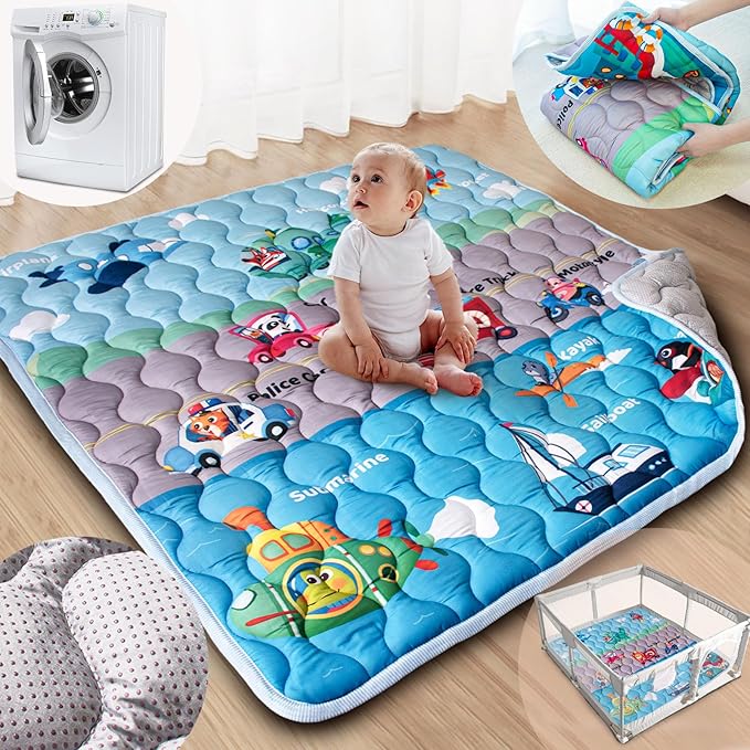 Baby Play Mat, 50x50 Playpen Mat with Super Soft Touch, Activity Mat with Upgraded Anti-Slip Bottom, Machine Washable Crawling Mat for Floor & Picnic (Vehicles)