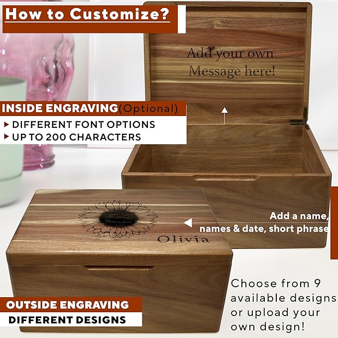 Flower Keepsake Boxes for Women - Engraved Flying Butterflies Box Name, Personalized Gifts for Teen Girls or Daughter, Floral Gift Box Acacia, Custom Wood Box Memento Storage, 11.5x8.5x5.5 in