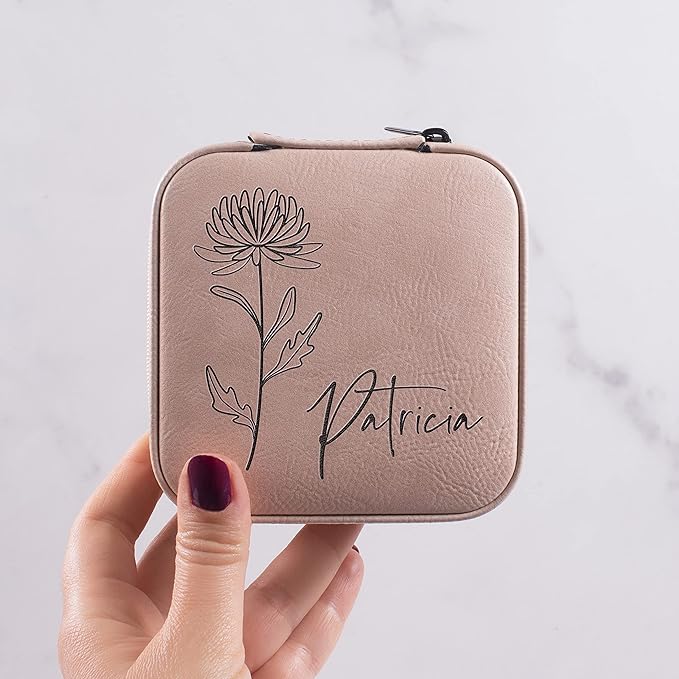 Custom Leather Customized Jewelry Organizer Box w/Name & Birth Flower Month - Birthday Gifts for Women, Mom Personalized Jewelry Travel Case - Beige