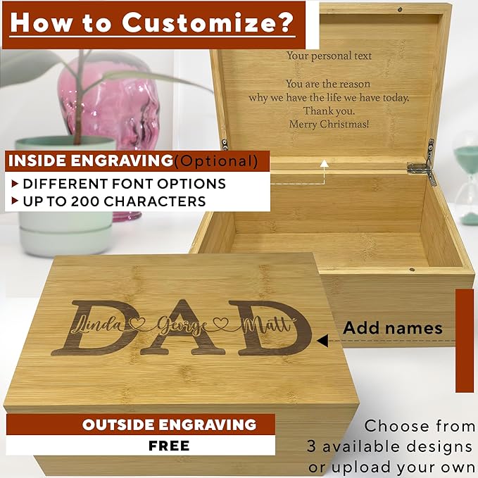 Dad Gifts from Son - Custom Engraved Wooden Box with Kids Names, Unique First Father's Day Gift Ideas, Customized Gifts for Dad for Christmas, Papa Grandpa Gift Fathers Day from Grandkids 11x8x4.75 in