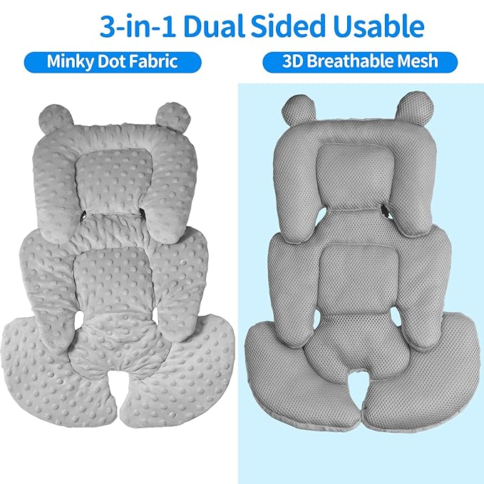 3in1 Baby CarSeat Head Support for Infant, Reversible Soft Infant Car Seat Insert Newborn Boy Girl, Breathable Cotton Head Body Support Pillow Cushion,Stroller,Swing,Bouncer,Baby Registry,Grey