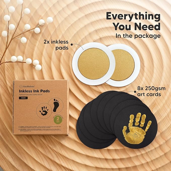 2-Pack Round Inkless Baby Hand and Footprint Kit - Mess Free Ink Pad for Newborn Keepsake, Dog Nose & Paw Print Kit, Clean Touch Ink Pad for Baby Hand & Footprints, Ideal New Mom Gifts (Gold)