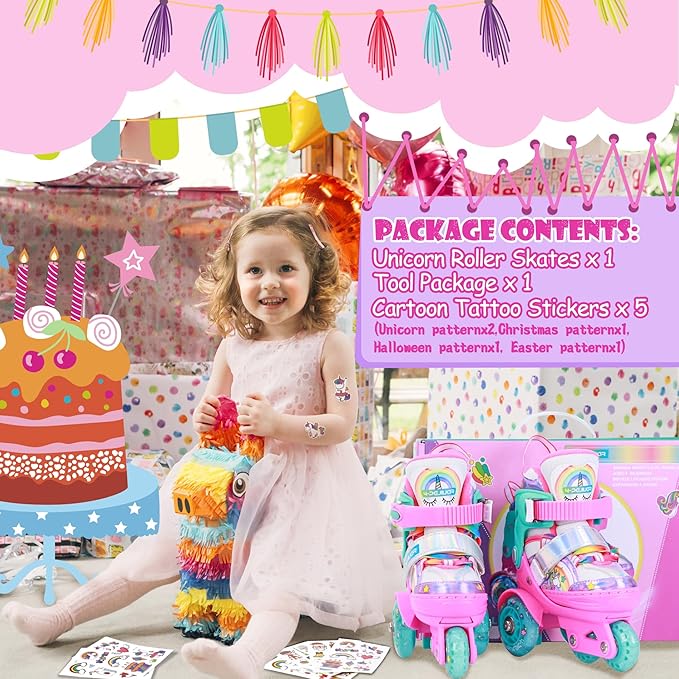 4-Pejiijar Rainbow Unicorn Kids Roller Skates for Girls Toddler Ages 2-4 5-8 8-12,Adjustable Roller Shoes with Luminous Wheels for Birthday Xmas Gifts