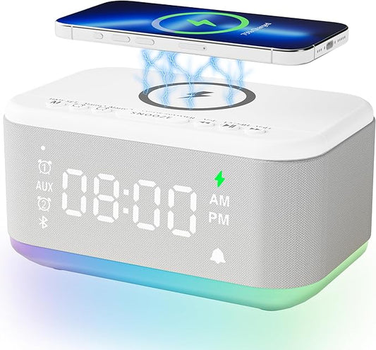 Alarm Clock Speaker Wireless Charger, Digital Alarm Clocks Bedrooms Bluetooth, Alarm Clock Dimmable Light Bedrooms Dual Alarm Snooze Dimmer 12 24H RGB Night Light Bluetooth USB AUX, White