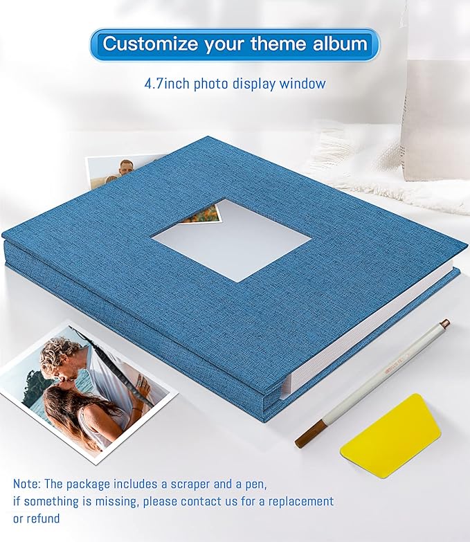 popotop Photo Album Self Adhesive with Picture Display Window,40 Pages DIY Scrapbooking Supplies Kit for 4x6 10x12 Picture,Linen Cover Memory Book for Baby Wedding, with Scraper and Metallic Pen