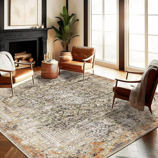 Area Rug 10'x14' Washable Vintage Traditional Mat Distressed Indoor Foldable Thin Retro Accent Floral Print Non Slip Carpet for Living Room Dining Room Office Large Rugs