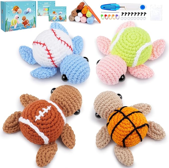 Crochet Kit for Beginners -4 PCS Turtle Crochet Kit with Step-by-Step Video Tutorials, Beginner Crochet Kits for Adults, Animal Crochet Turtle Ball Games Set