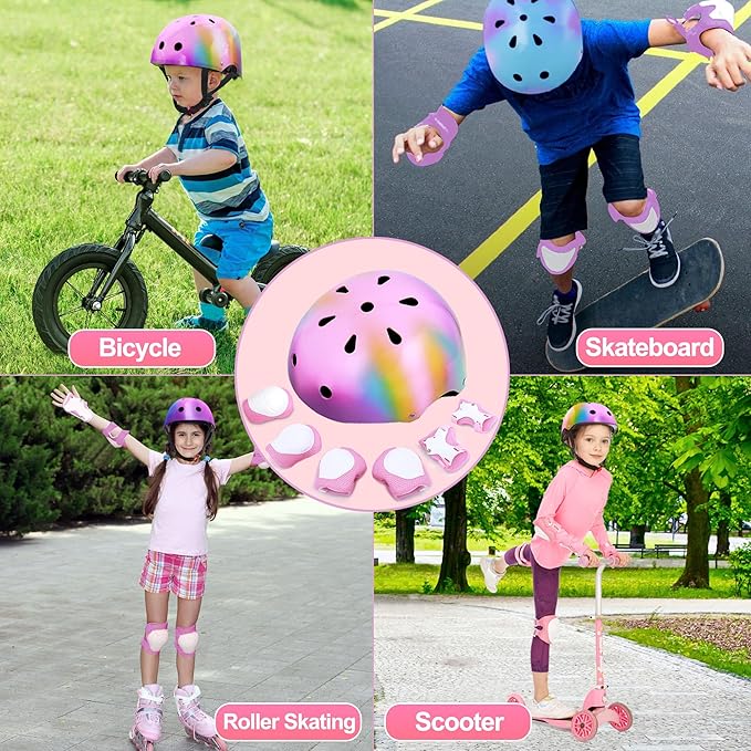 Kids Bike Helmet with DIY Stickers and Knee Pads Elbow Pads Wrist Guard Set for Ages 3-8-14 Toddler Boys Girls Helmet for Roller Skates Cycling Skateboarding Bicycle Scooter