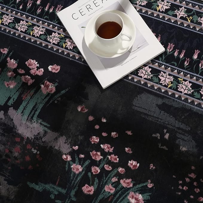 4x6 Rug for Bedroom Impressionist-Style Vintage Washable Rugs Non Slip Low Pile Small Carpet for Bedside Kids Room Office Dining Room, Black