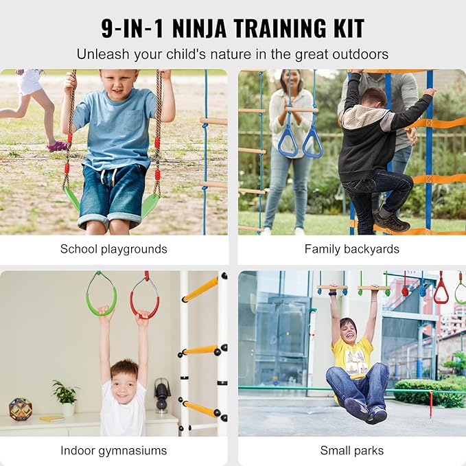 VEVOR Ninja Warrior Obstacle Course for Kids, 2 x 50 ft Weatherproof Slacklines, 500lbs Weight Capacity Monkey Line, Outdoor Playset Equipment, Backyard Toys Training Equipment Set with 12 Obstacles