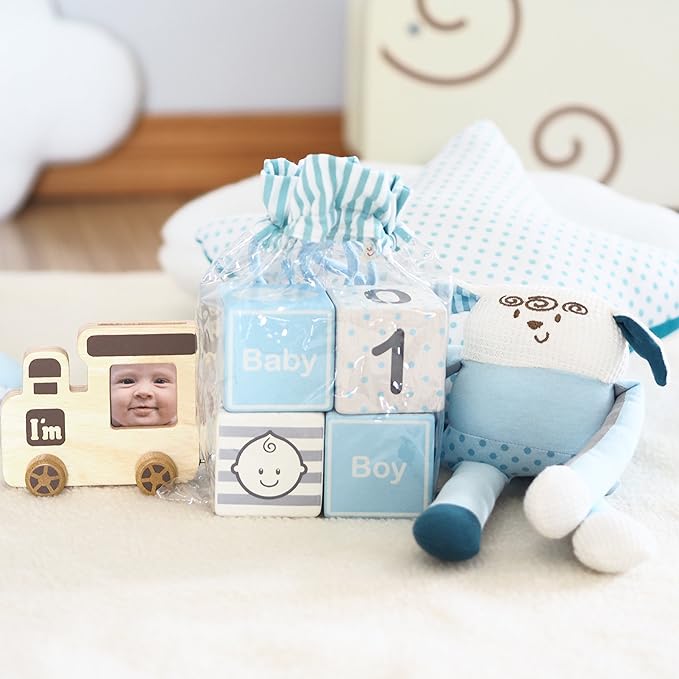 I'm Solid Wood Monthly Weekly Yearly Milestone Age Blocks, Newborn Gifts & Keepsakes for Picture Props (4 Pcs/Blue)