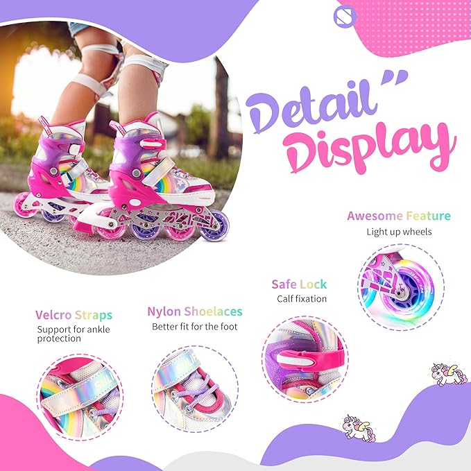 SULIFEEL Rainbow Unicorn Inline Skates for Girls Boys 4 Size Adjustable Light up Wheels Skates for Kids Beginner