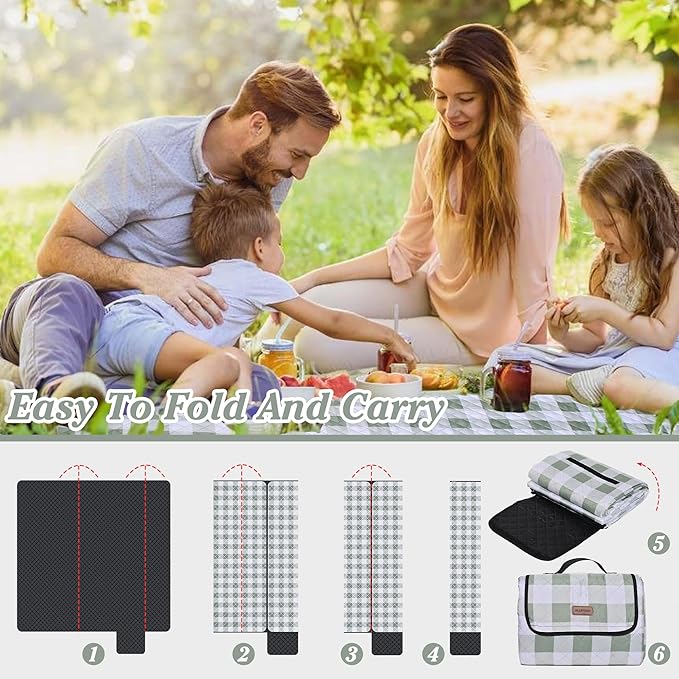 Extra Large Picnic Blanket 80''x 80'' Waterproof Foldable Picnic Mat for Beach, 5-Layer Outdoor Blanket for 6 to 8 Adults,Camping Grass Lawn Park Accessories Couple Park Wedding Registry(Green)