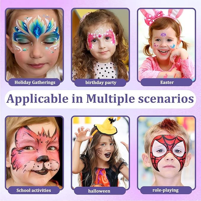 42 Colors Kids Face Painting Kit,Non Toxic Water Activated Face Paint Palette with 5 Reusable & 45 Sticky Stencils,11 Brushes,2 Gems.Ideal for Mardi Gras,Halloween,Christmas,makeup,Parties,Makeup etc.