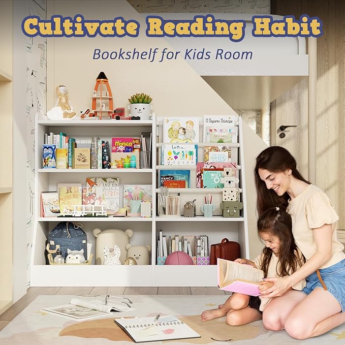 39" Large Kids Wooden Bookshelf and Toy Storage Organizer, Baby Bookcase with Sling Book Rack, Children Toddler Wooden Book Shelf for Kids Rooms, Playroom, Classroom, Nursery, School (White)