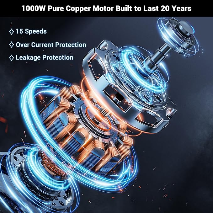 Immersion Blender RPM 16000±10% Scratch Resistant Hand Blender,15 Speed and Turbo Mode Hand Mixer, 3-in-1 Heavy Duty Copper Motor Stainless Steel Smart Stick with Egg Beaters and Chopper