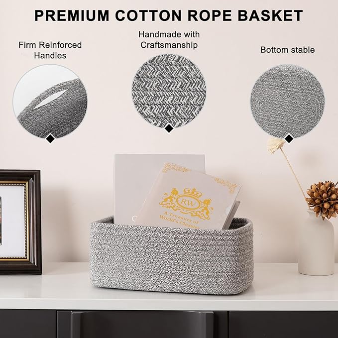 4 Pack Small Storage Shelf Baskets for Organizing, Mini Woven Rope Storage Bins for Towels, Cute Decorative Closet Organizer，Baby Nursery, Gift Empty Baskets -11.81''Lx7.87''Wx4.72''H-Grey
