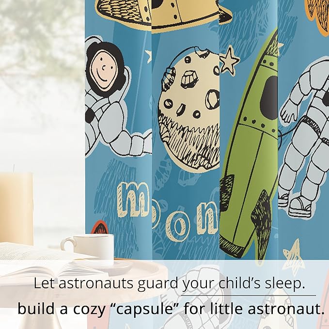 Kids Astronaut and Rocket Blackout Curtains - 100% Blackout, Thermal Insulated, Noise Reducing, Bring The Cosmos Closer to Your Kid’s Room, 2 Panels (Moonbound Adventure, W52×L63)