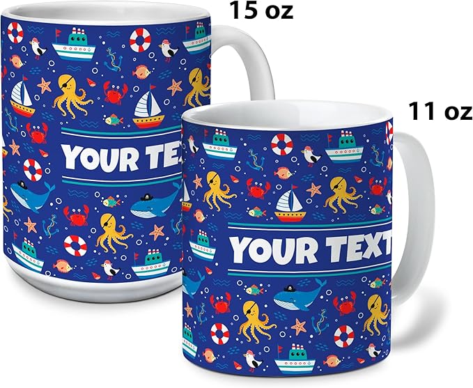 Personalized Mug for Kids - Nautical - Custom Name/Text, Ceramic Hot Chocolate/Cocoa/Coffee Cup for Boys/Girls, Birthday/Christmas/Holiday Gift - 11 oz, Pink Handle