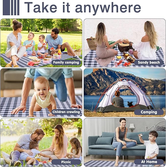 Extra Large Picnic Blanket 80''x 60'' Picnic Mat Waterproof Sand Proof Foldable for Beach, 5-Layer Outdoor Blanket for 6 to 8 Adults,Camping Lawn Hiking Travel Park Music Festival Wedding Mats(Gray)