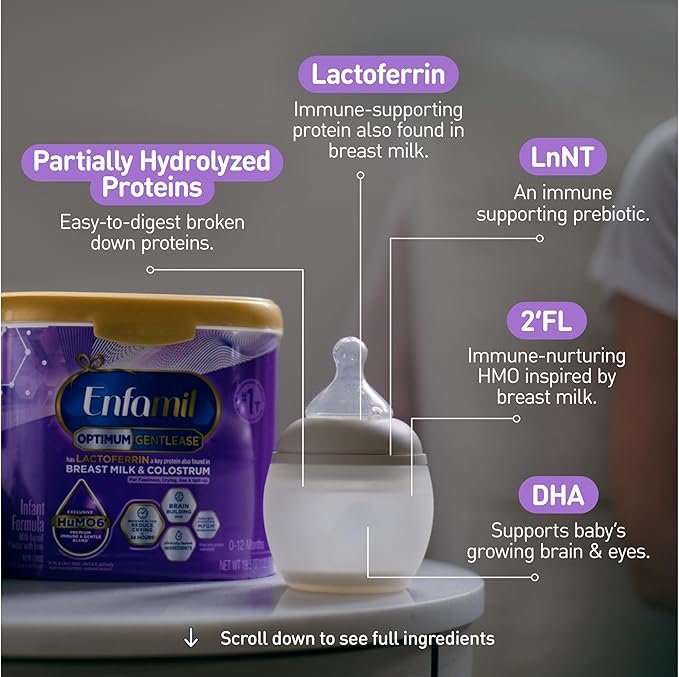 Enfamil Optimum Gentlease Baby Formula, Our Closest Formula to Breast Milk For Fussiness, Crying, Gas & Spit-up, Immune-Supporting Lactoferrin also found in Breast Milk, 19.5 Oz, Pack of 4