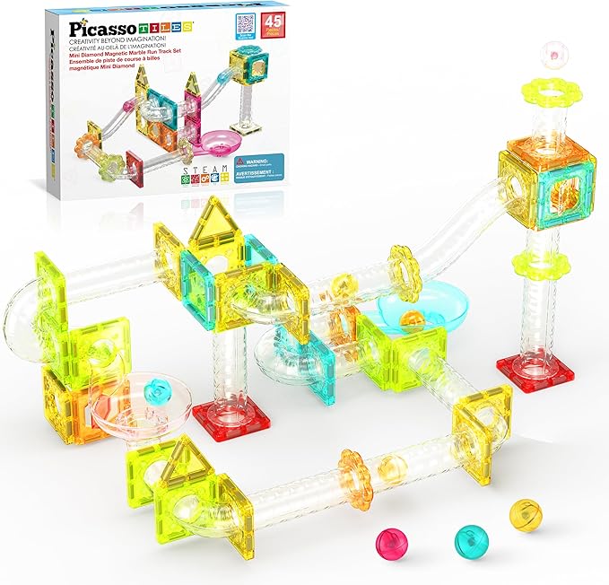 PicassoTiles Magnet Tiles Building Block Travel Size Magnetic Marble Run Construction Toy Set Mini Diamond Marble Racetrack Building Blocks Playset Education STEM Learning Kit Boy Girl 3+ PTMG45