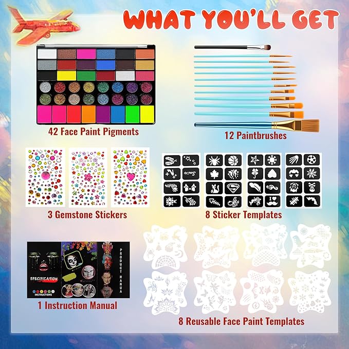 42 Color Face Paint Kit for Kids – Non-toxic Water-Based Makeup Palette with Stencils, Brushes & Gems – Face Painting Kit for Kids Ideal for Halloween, Parties, Festivals, Body Art & More