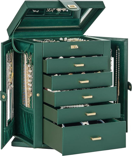 AKOZLIN 360° Rotating Jewelry Box 6-Tier Organizer Functional Jewelry Storage Case for Women Girls Ring Necklace Earring Bracelet Holder with Mirror