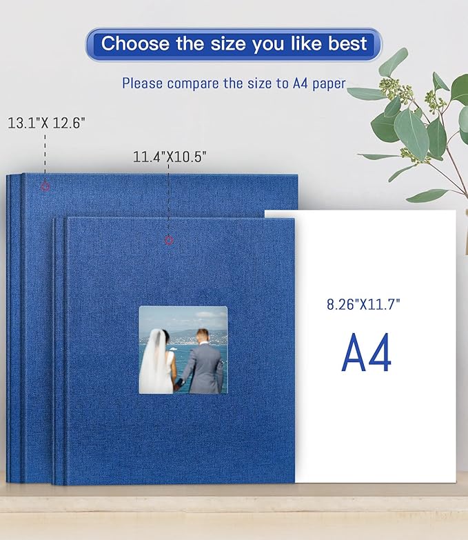 popotop Photo Album Self Adhesive with Picture Display Window,60 Pages DIY Scrapbooking Supplies Kit for 4x6 10x12 Picture,Linen Cover Memory Book for Baby Wedding, with Scraper and Metallic Pen