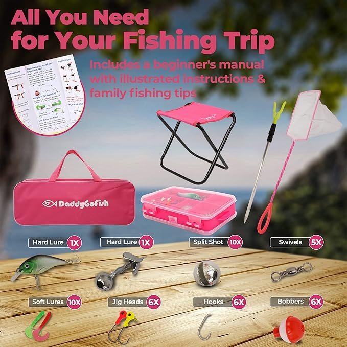 DaddyGoFish Kids Fishing Pole - Rod Reel Combo Tackle Box Starter Set - First Year Small Gear Kit for Boys Girls Toddler Youth Age Beginner Little Children