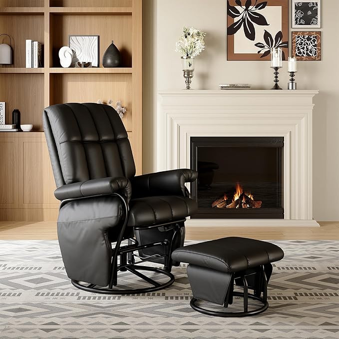 AODAILIHB Swivel Glider Recliner with Ottoman, 360 Rocking Chair with Foot Rest Recliner Chair Indoor Rocking Chair with Side Pockets Nursery Chairs for Living Room, Bedroom, Office (Black)