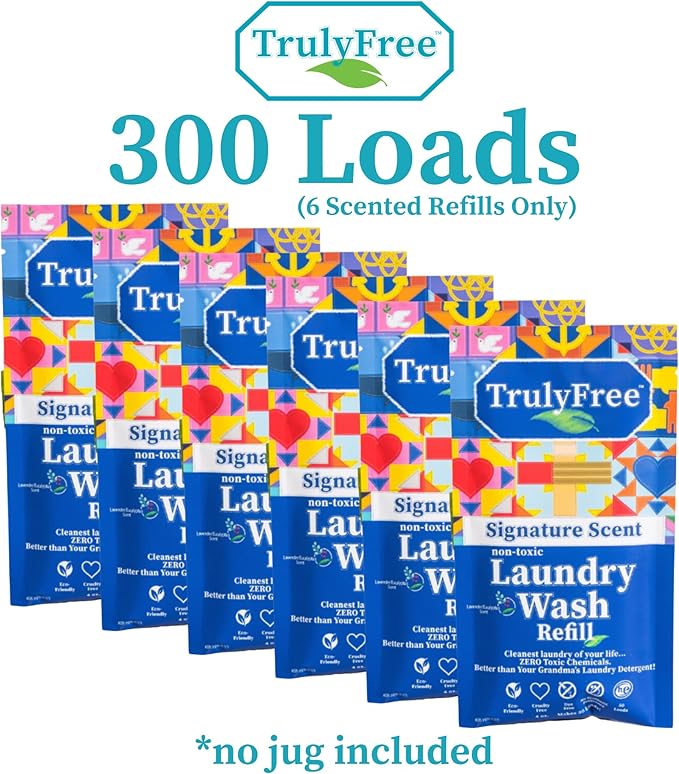Natural Laundry Detergent for Sensitive Skin | Eco Friendly, Plant Based, Baby Clothes Safe | Clean & Easy Powder to Liquid, 6 Pack Refill Detergent, NO Jug | Signature Scent, 300 Loads