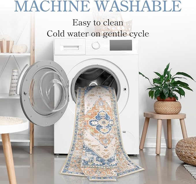 Lahome Boho Washable Living Room Rug 3x5 Throw Non-Slip Area Rug for Bedroom Lightweight Thin Rugs for Entryway Kitchen Vintage Distressed Print Aesthetic Capet for Office Bathroom Laundry Room
