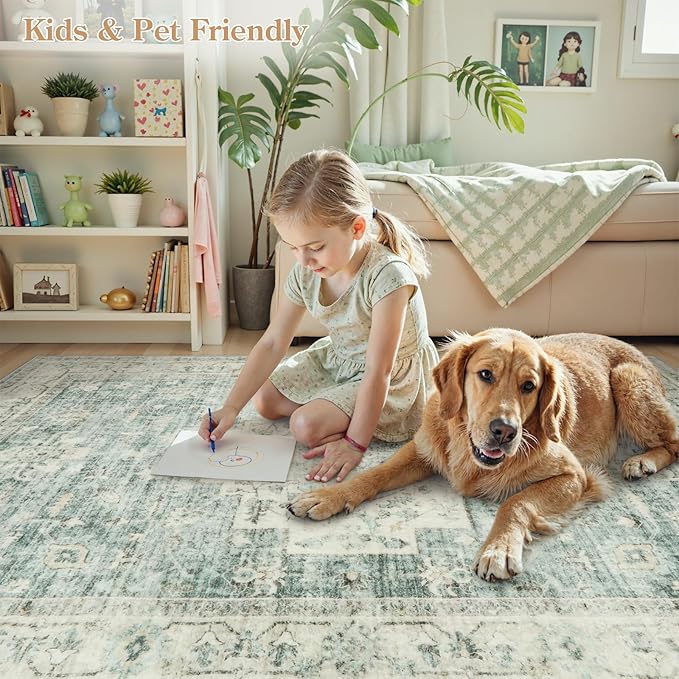 LIVEBOX Bedroom 4x6 Washable Area Rug for Entryway Kitchen, Non-Slip Soft Boho Rugs for Dining Room Office, Farmhouse Low-Pile Neutral Soft Carpet for Nursery Room Playroom, Sage Green