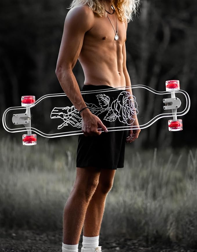 Clear Longboard Skateboard - Transparent Acrylic Long Boards with Light-Up LED Wheels for Smooth Rides - Ride The Streets in Style with Longboard Built for Beginners & Pros Alike