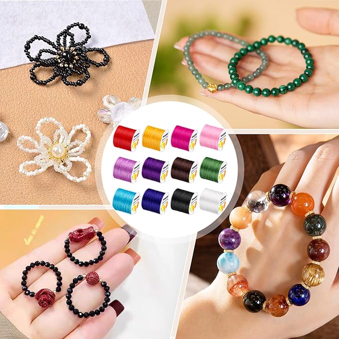 PAXCOO 12 Rolls Elastic String for Bracelets, Stretch Magic Elastic String Bead Cord Jewelry Thread for Bracelet, Necklaces, Clay Beads, Pony Beads (Assorted Colors)