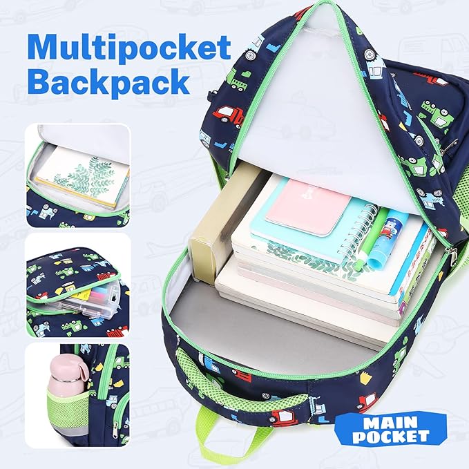 mygreen 3PCS Kids Backpack Set - Waterproof Bookbag with Lunch Box for Boys Ages 3-12, Adorable Cartoon Prints for School & Outdoor Use Dark Blue Cars